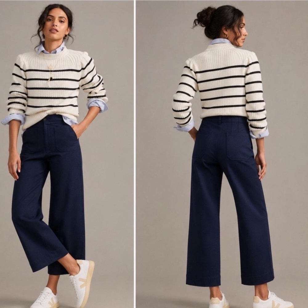 Maeve Anthropologie The Colette Crop Wide Leg Pants Navy 26P Petite NWT